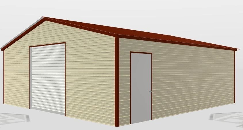 Metal storage shed with cream siding — portable metal building for sale in Lafayette, Louisiana