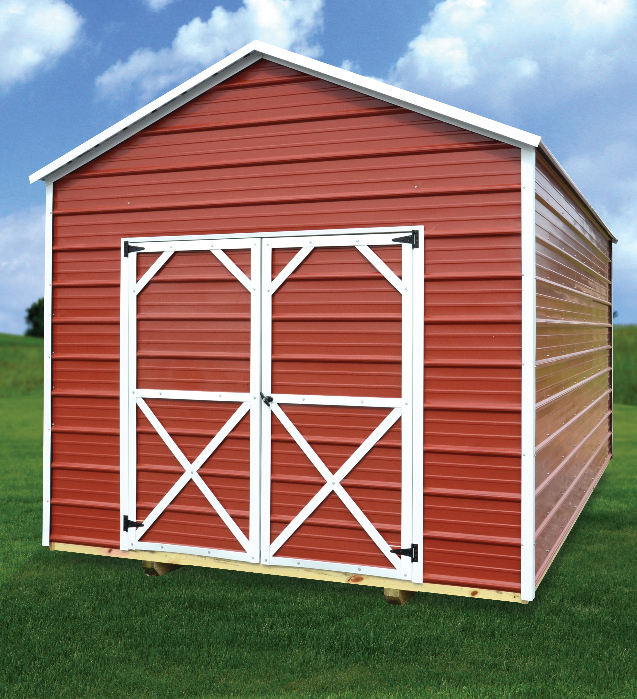 Derksen metal utility shed in red with white double doors