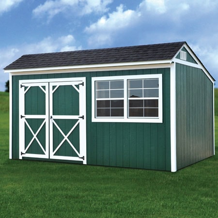Derksen painted cottage shed — charming backyard storage building