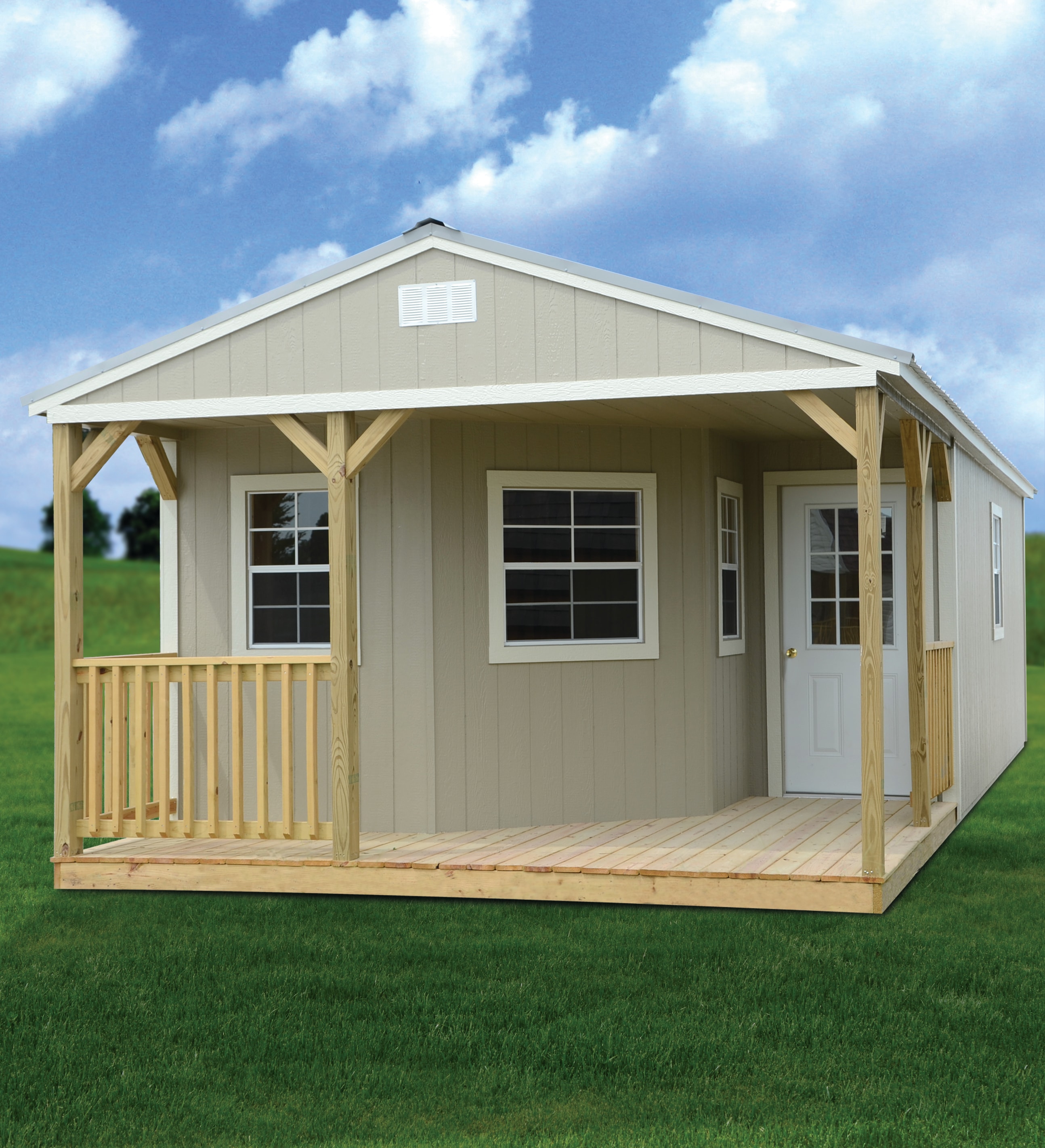 Derksen painted deluxe cabin in tan with front porch