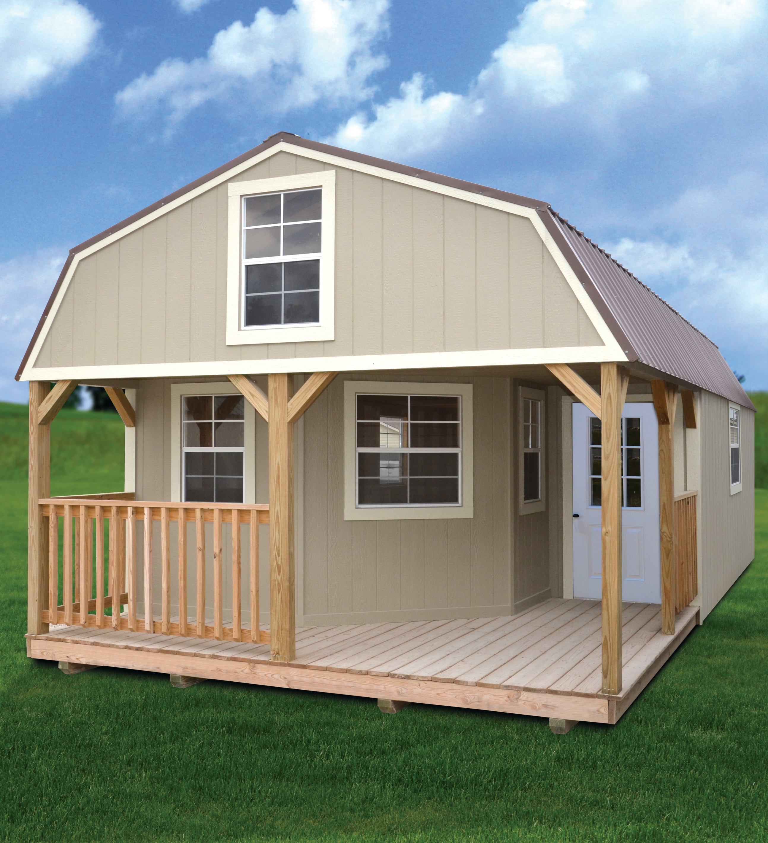 Derksen painted deluxe lofted barn cabin in tan with front porch
