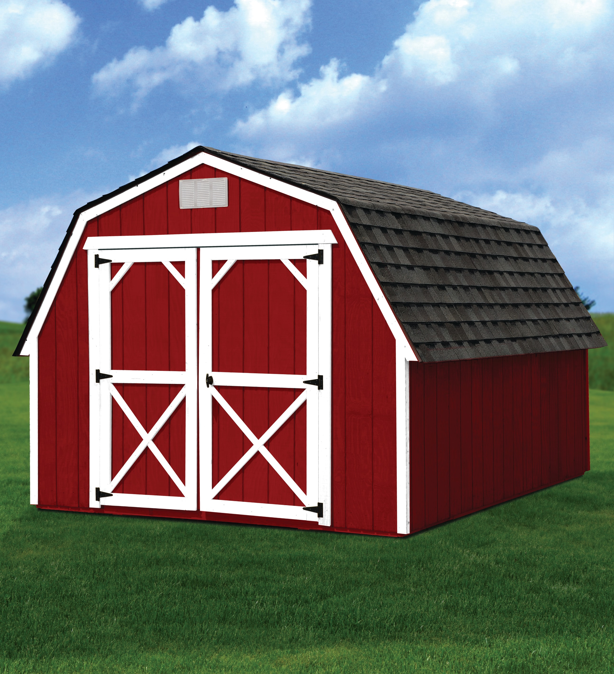 Derksen painted lofted barn in red with shingle roof