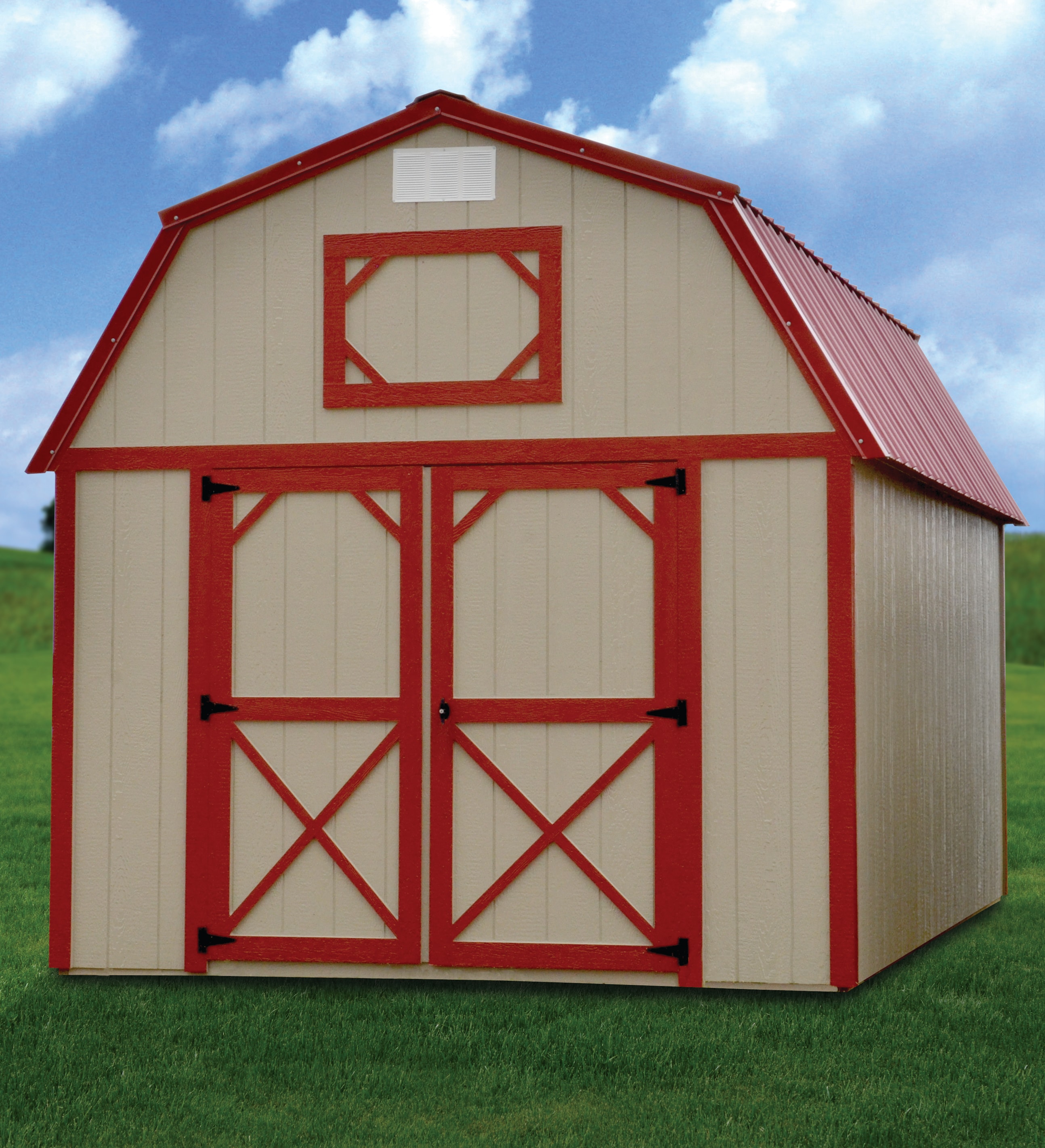 Derksen painted lofted barn in tan with red trim