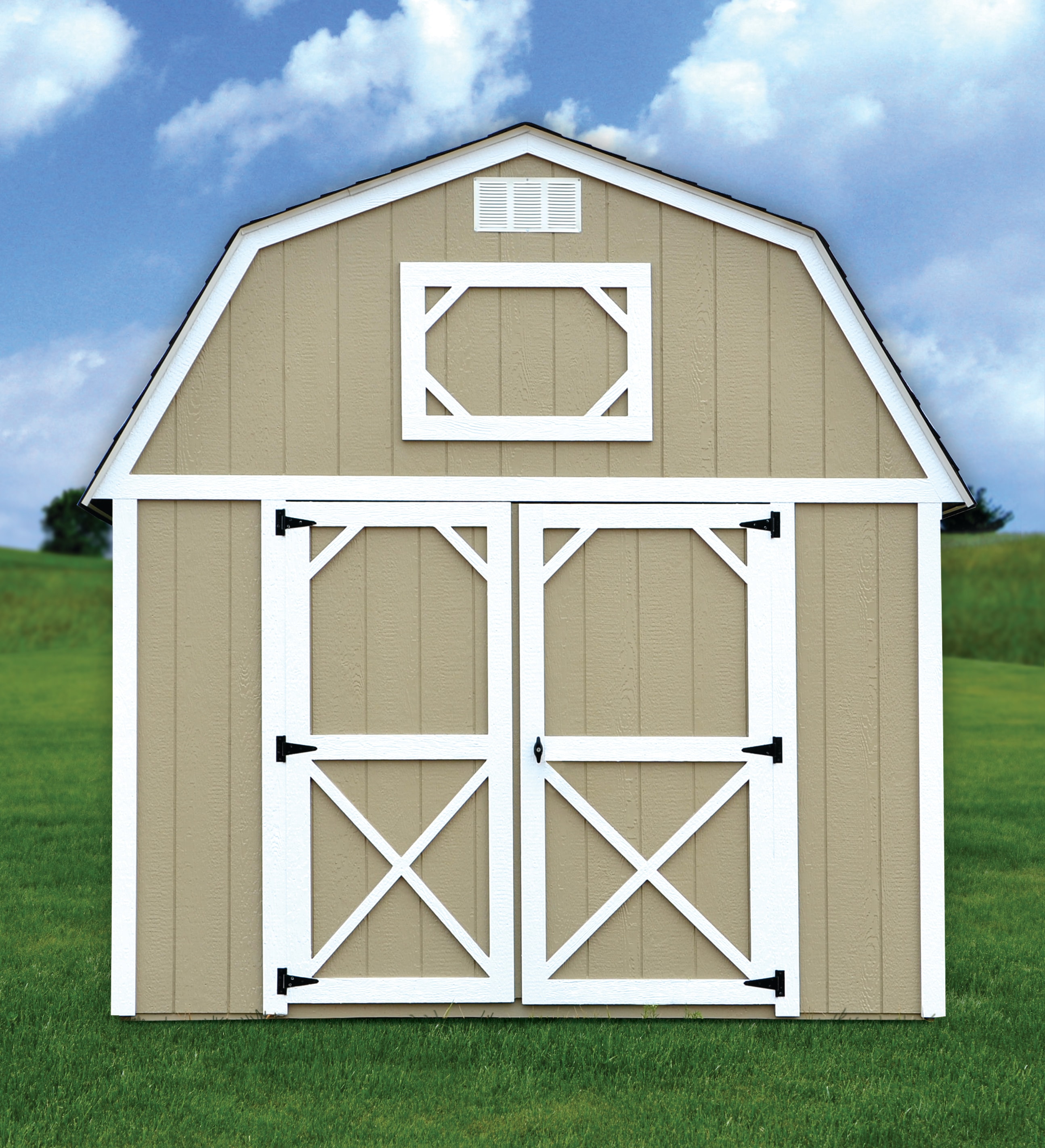 Derksen painted lofted barn in tan with white trim
