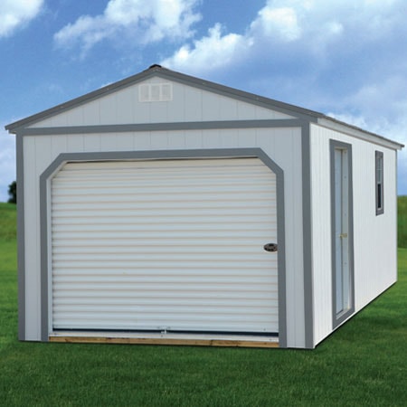 Derksen painted portable garage — roll-up door garage shed for sale