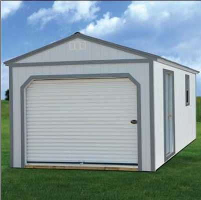 Derksen painted portable garage with roll-up door — small garage shed