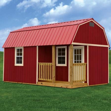 Derksen painted side lofted barn cabin — portable cabin with porch