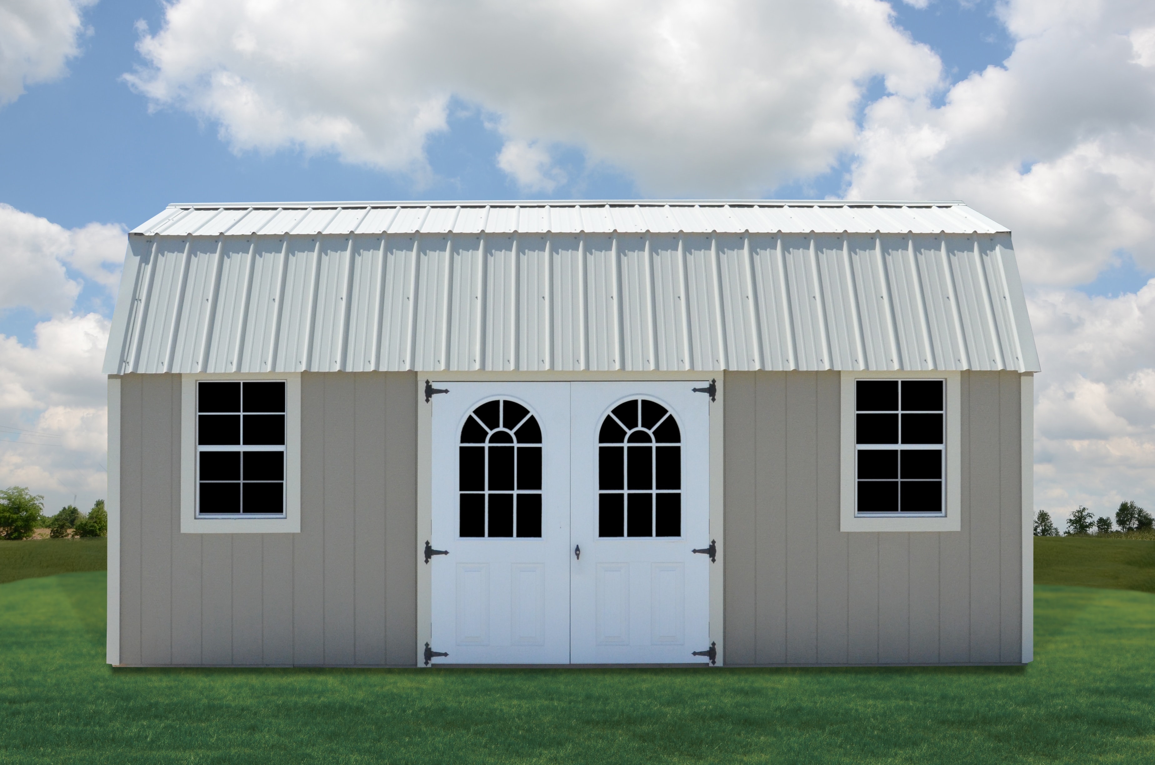 Derksen painted side lofted barn with French doors and windows