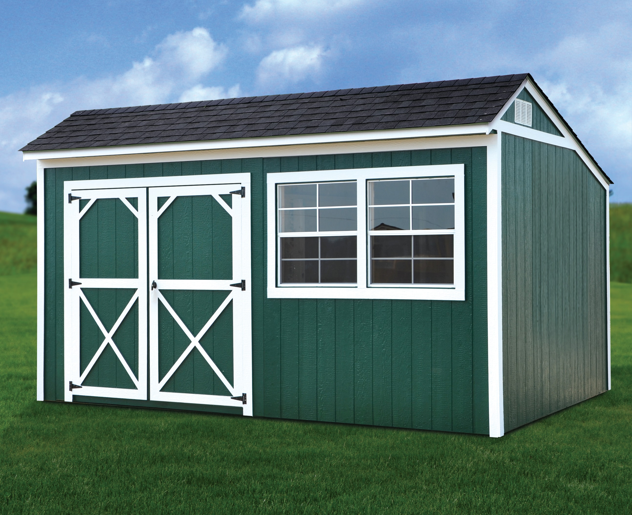 Derksen painted side utility shed in green with windows