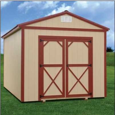 Derksen painted utility shed in tan with red trim