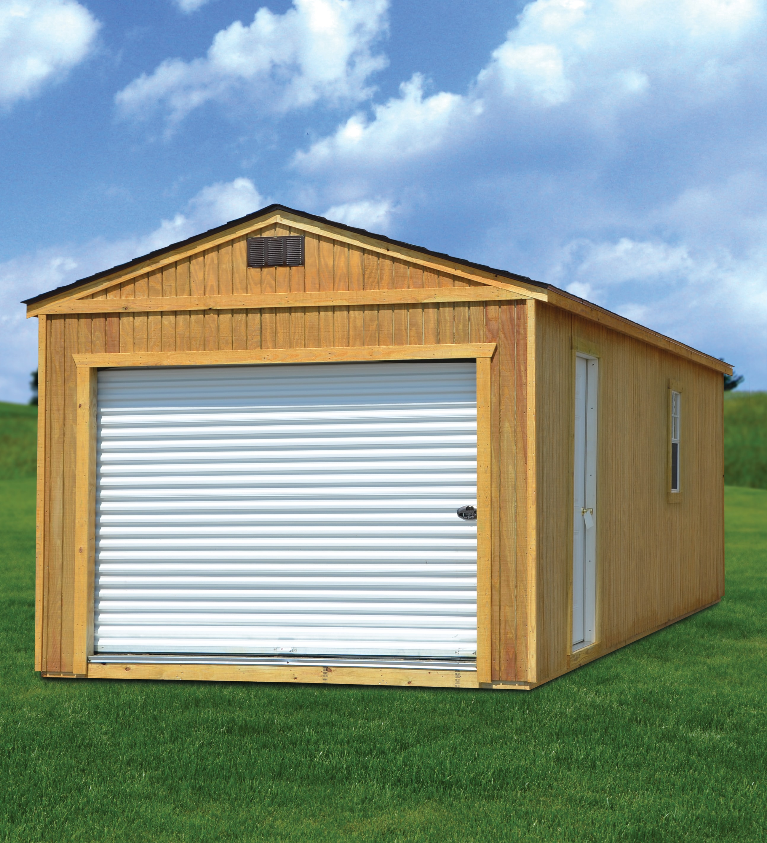 Derksen treated portable garage with roll-up door — wood garage shed