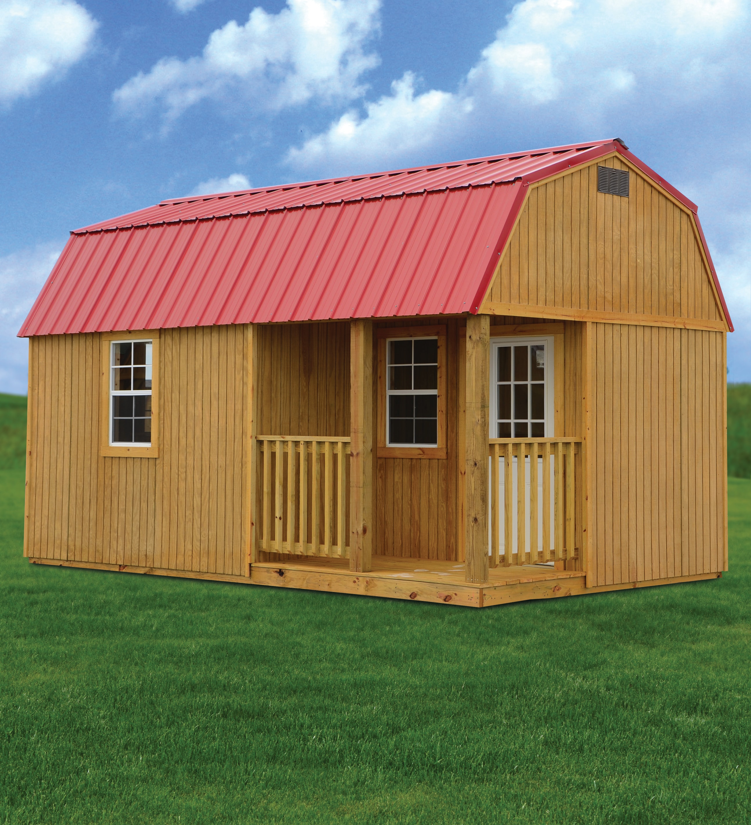 Derksen treated side lofted barn cabin with red roof and front porch