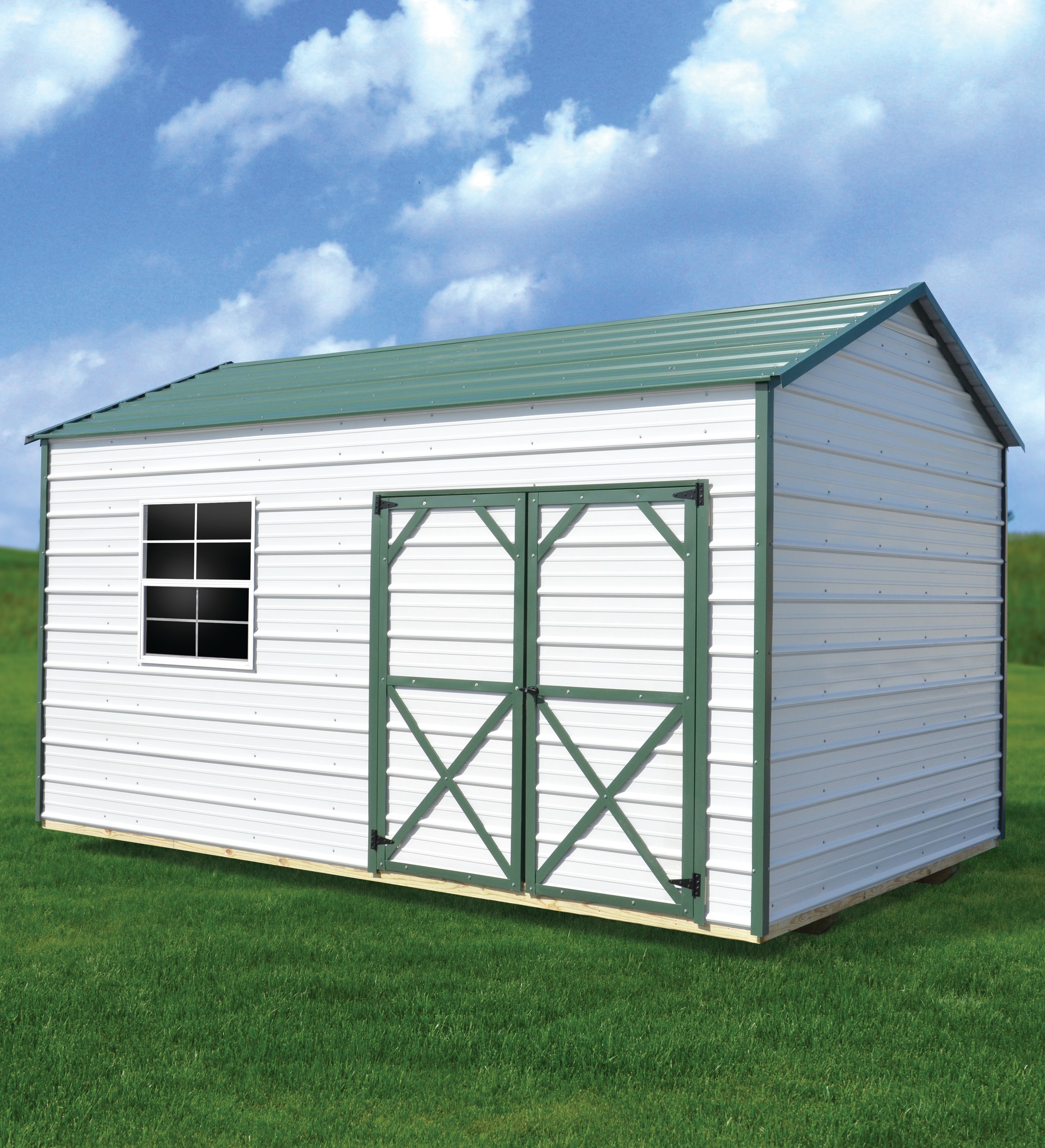 Metal garden shed in white with green roof — small storage building