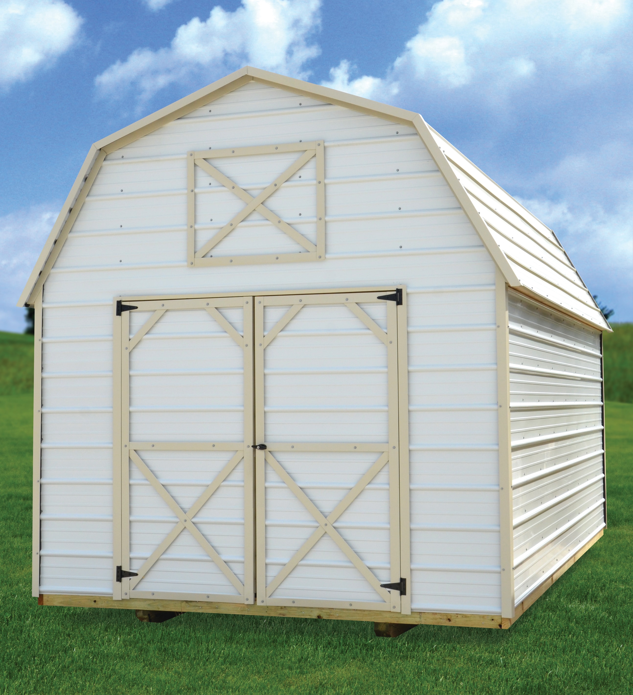 Metal lofted barn in white with tan trim — steel barn for sale